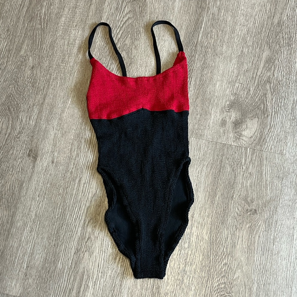 Hunza G Red and Black Crinkle One-Piece Swimsuit